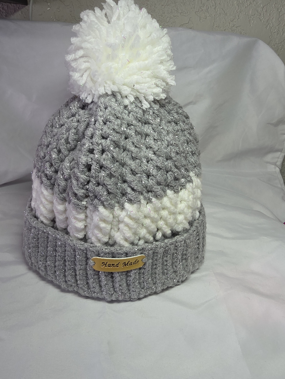 Handmade Gray & White Pom Knit Beanie - Hand Made Tag